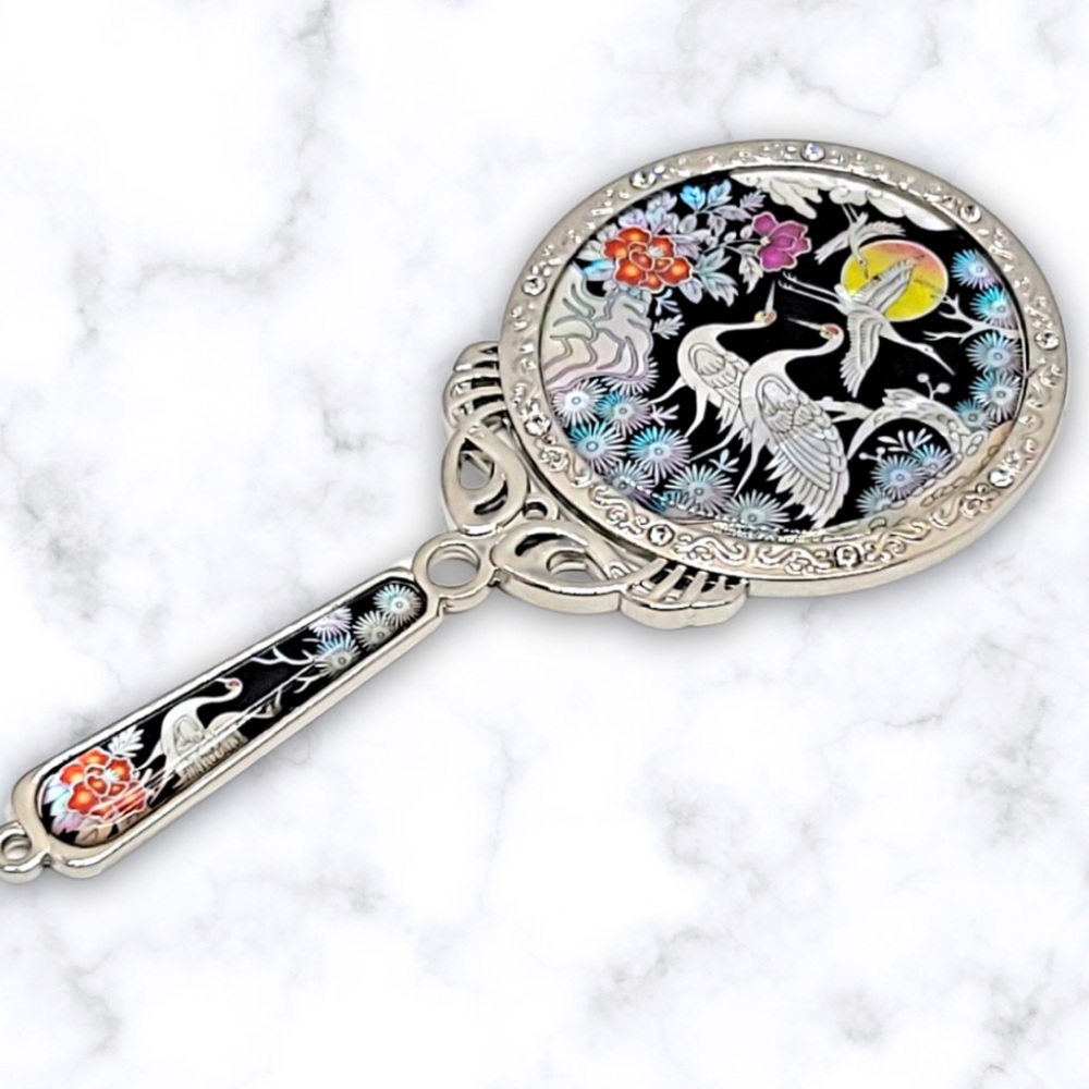 Decorative Black Enamel Hand Mirror with Crane Motif